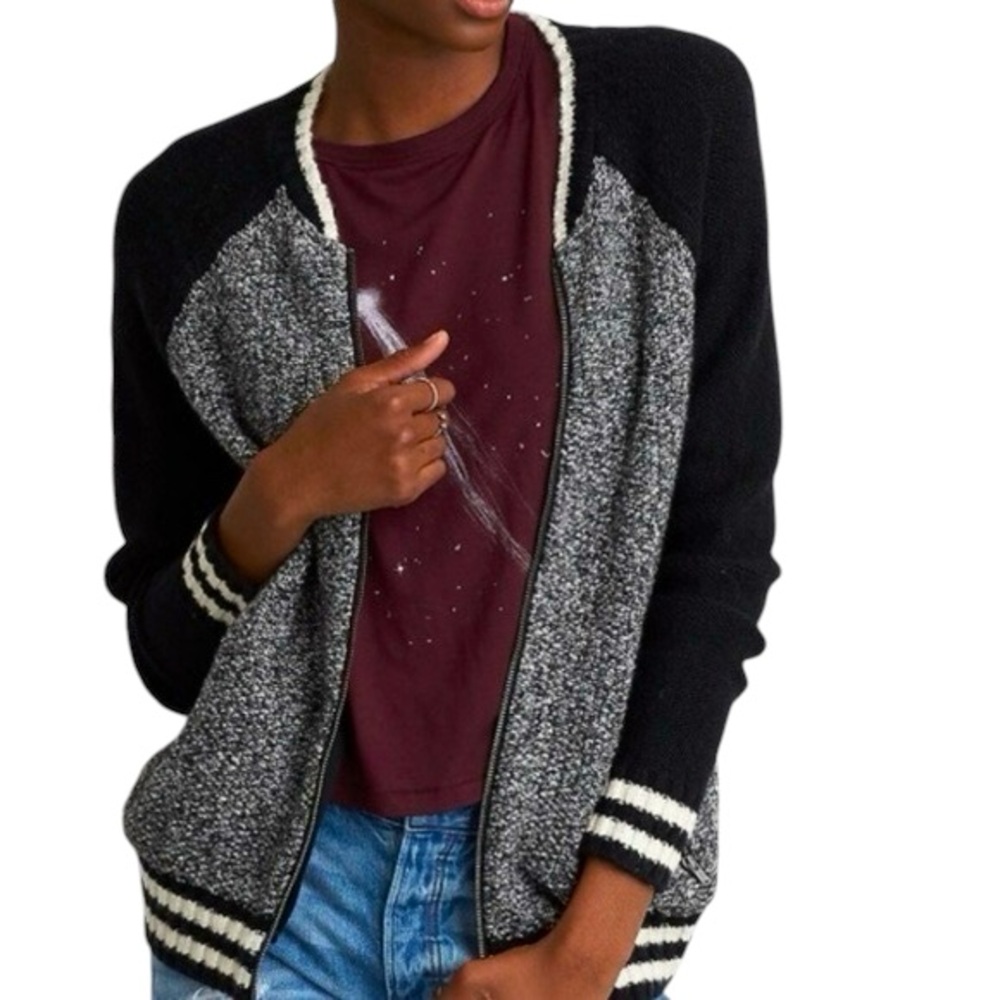 American Eagle Sweater Bomber Jacket Zip Up Hoodie Small Black White Marled Knit